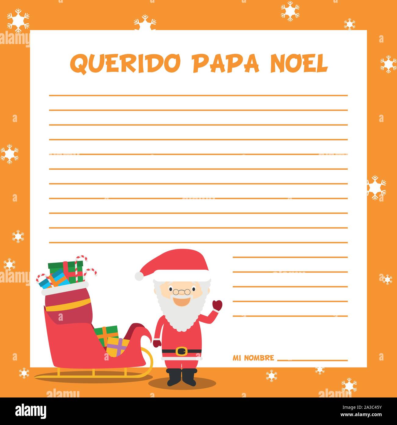 Papa Noel lettre modèle vector illustration pour le temps de Noël en espagnol, avec le caractère de l'enfant, luge et présente. Illustration de Vecteur