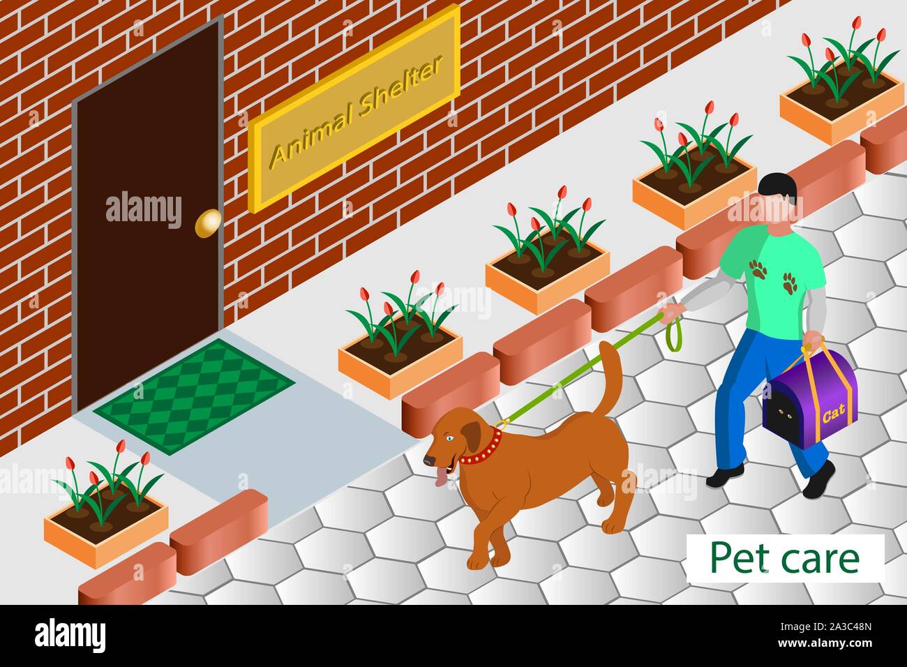 Le bénévolat d'aider les sans-abri animaux - vector illustration isométrique Illustration de Vecteur