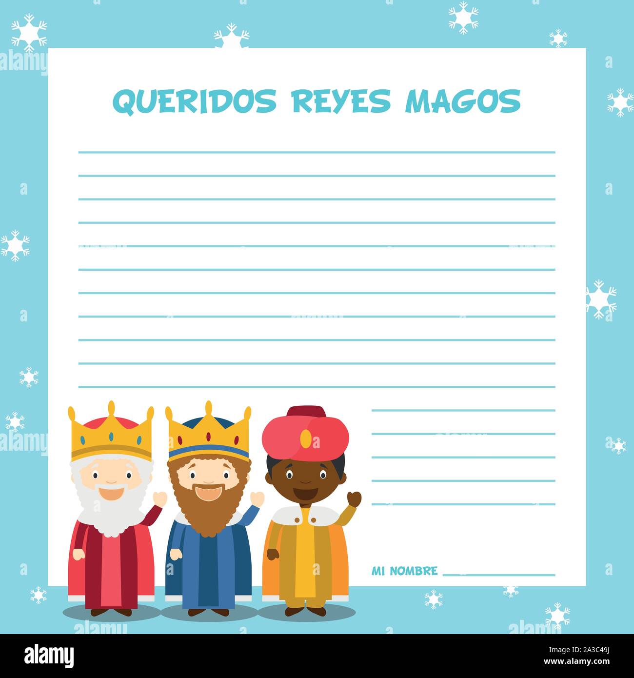 Trois Hommes Sages de lettre modèle vector illustration pour le temps de Noël en espagnol, avec des caractères de l'enfant. Illustration de Vecteur
