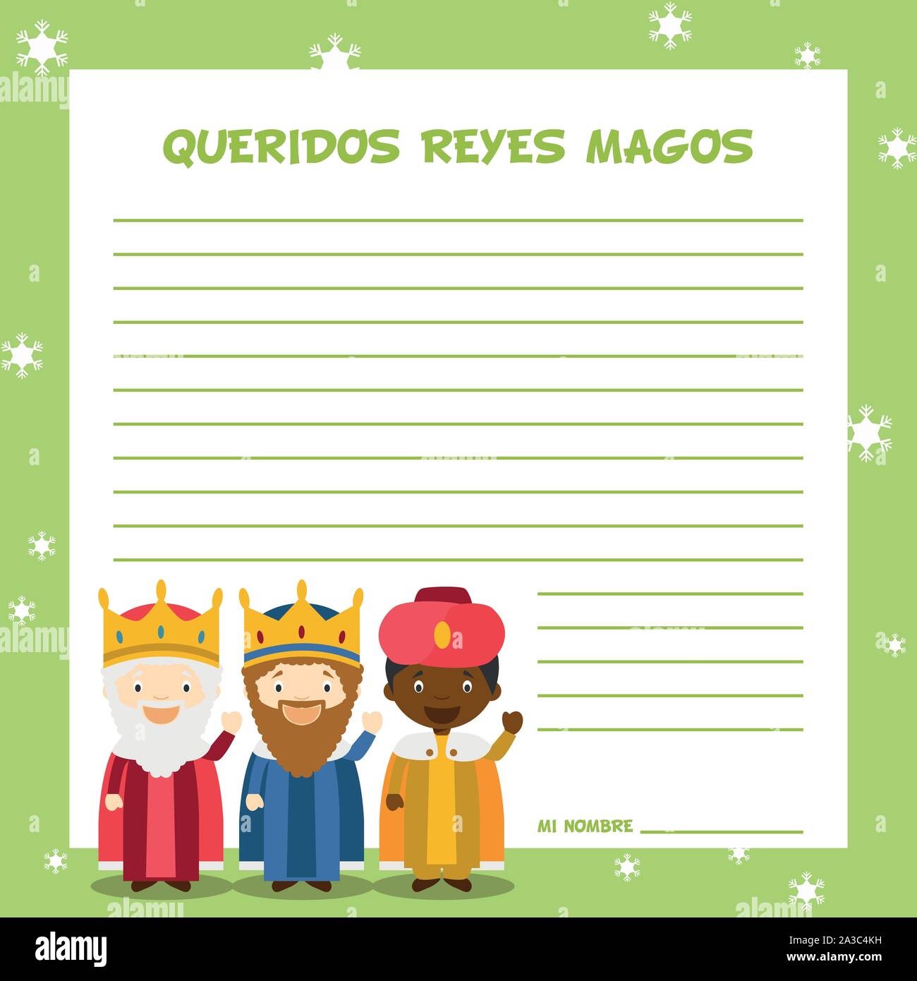 Trois Hommes Sages de lettre modèle vector illustration pour le temps de Noël en espagnol, avec des caractères de l'enfant. Illustration de Vecteur