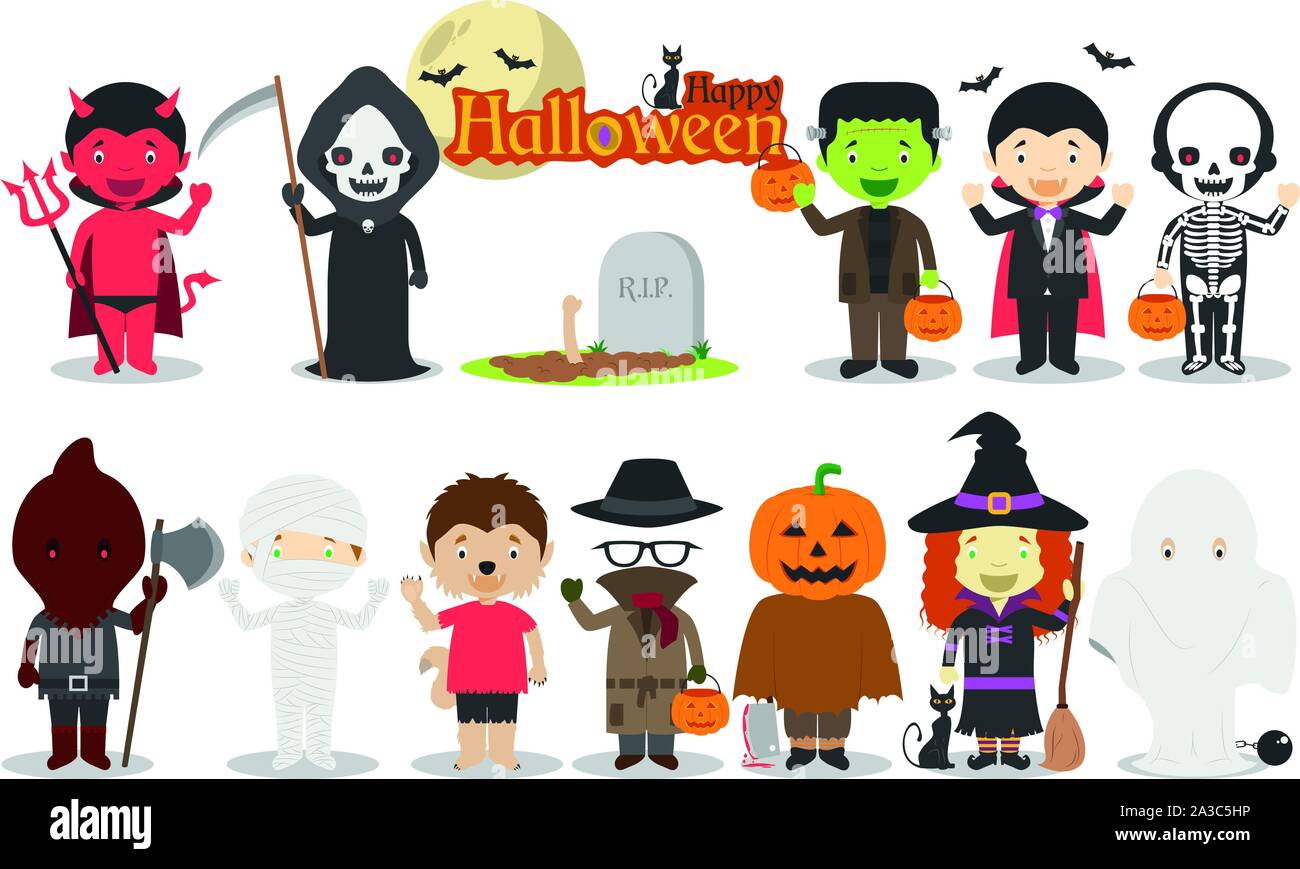 Ensemble de personnages de l'Halloween pour les enfants, y compris Dracula, Frankenstein, démon, sorcière, squelette, citrouille, maman et plus encore. Vector illustration Illustration de Vecteur