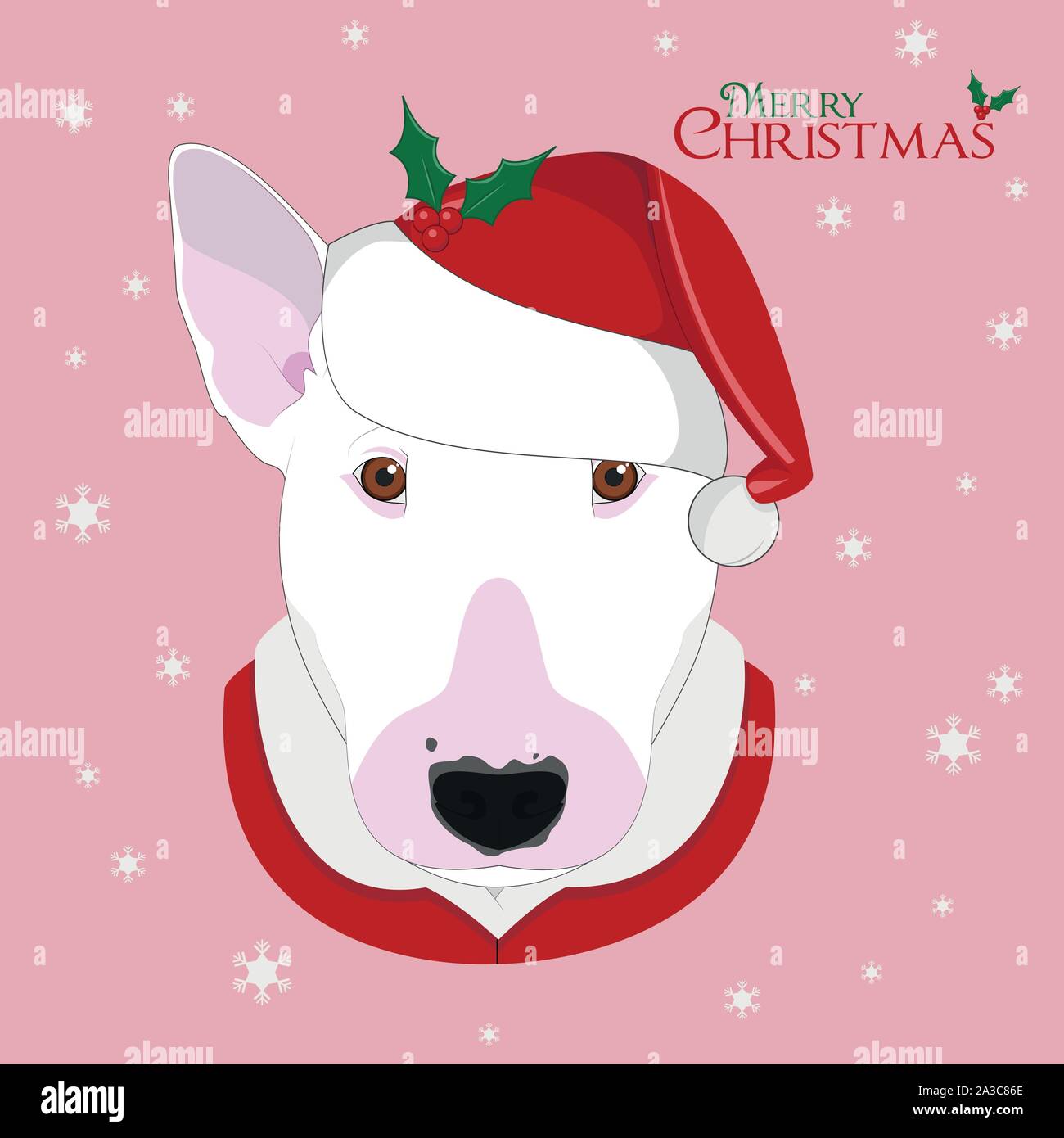 Carte de vœux de Noël. Bull Terrier chien avec rouge Santa's hat Illustration de Vecteur