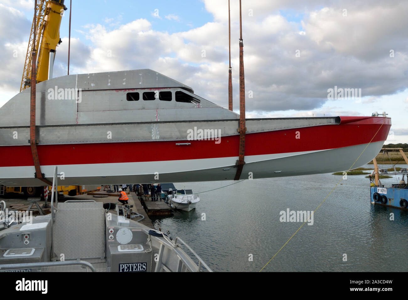 Project Full Circle aluminium tour du monde bateau à moteur Spirit of Challenge, Hayling Island, Hampshire, Royaume-Uni Banque D'Images