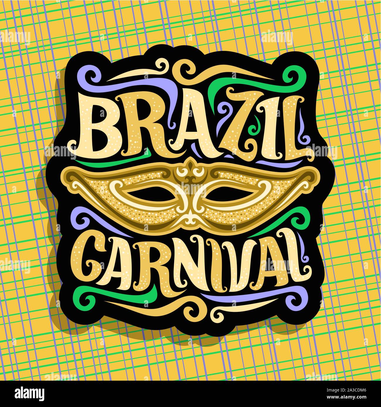 Logo vector pour le Brésil, avec l'affiche du Carnaval brésilien, masque d'or de banderoles colorées, police d'origine pour les fêtes de carnaval Brésil texte sur jaune abstra Illustration de Vecteur