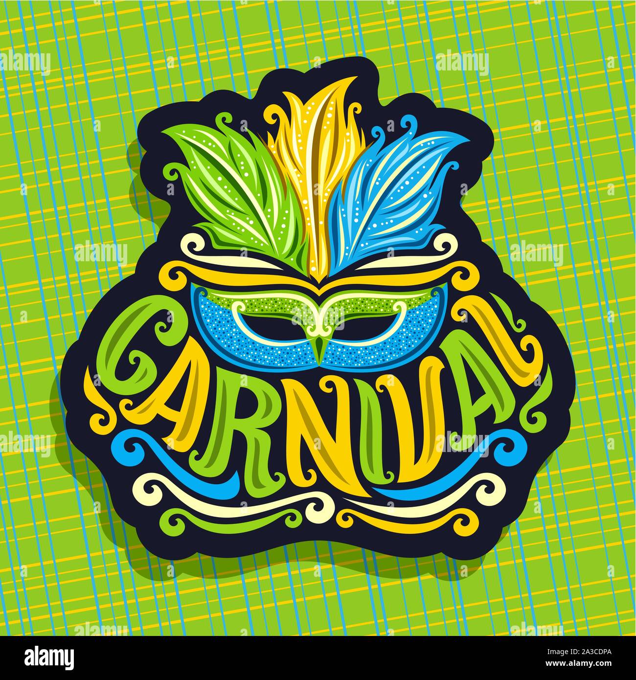 Logo vector pour le carnaval, une affiche avec une coiffure de plumes brésilien et de venetian masquerade mask, police d'origine pour mot titre carnival, signe pour carniv Illustration de Vecteur