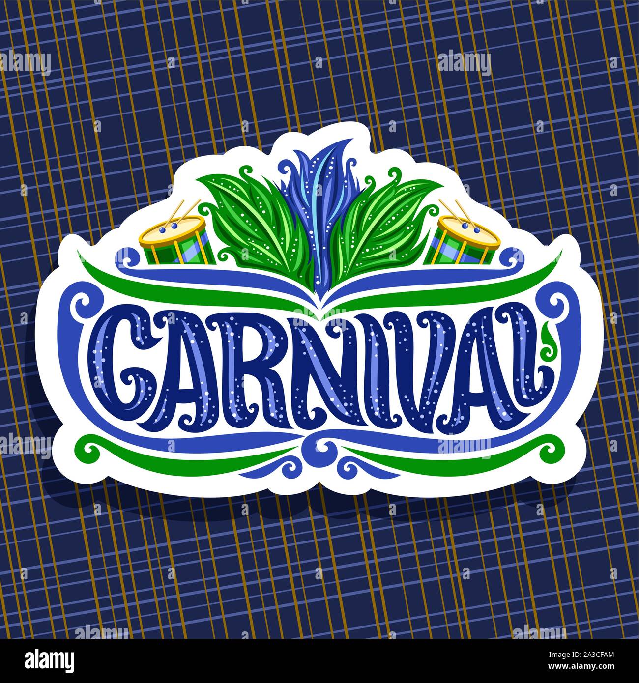 Logo vector pour le carnaval, une affiche avec une coiffure de plumes brésilien, batterie avec des bâtons pour samba parade, police d'origine pour mot bleu titre carnival, sig Illustration de Vecteur