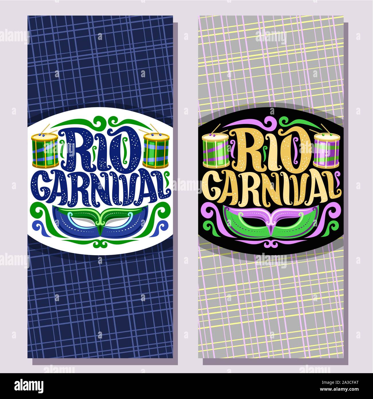 Bannières verticales vecteur pour carnaval de Rio, inviter des billets avec masque brésilien d'origine de la police pour le texte, Carnaval de Rio, de la batterie avec des bâtons pour samba parade, Illustration de Vecteur
