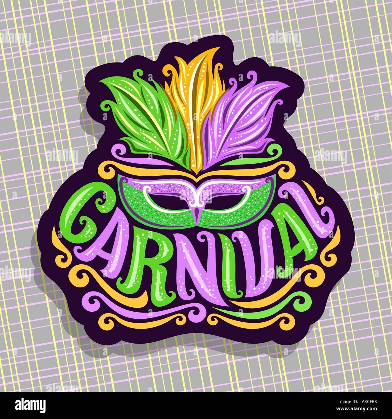 Logo vector pour le carnaval, une affiche avec une coiffure de plumes brésilien et de venetian masquerade mask, police d'origine pour mot titre carnival, signe pour dimanche Illustration de Vecteur