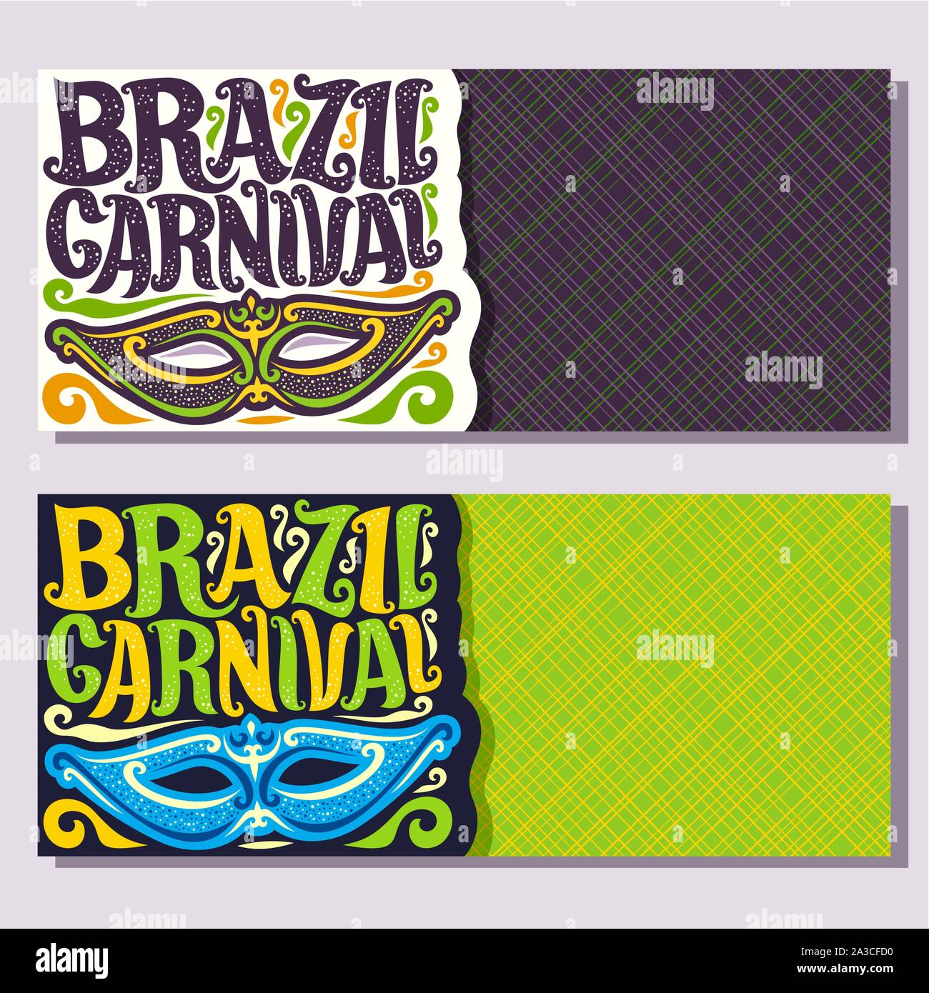 Bannières vecteur pour le Brésil Carnaval, inviter des billets avec masque brésilien violet, police d'origine pour les fêtes de carnaval Brésil texte sur vert, coloré strea Illustration de Vecteur