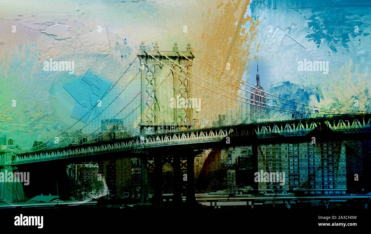 Manhattan Bridge. Peinture numérique et les médias mixtes dans des tons pastel Banque D'Images