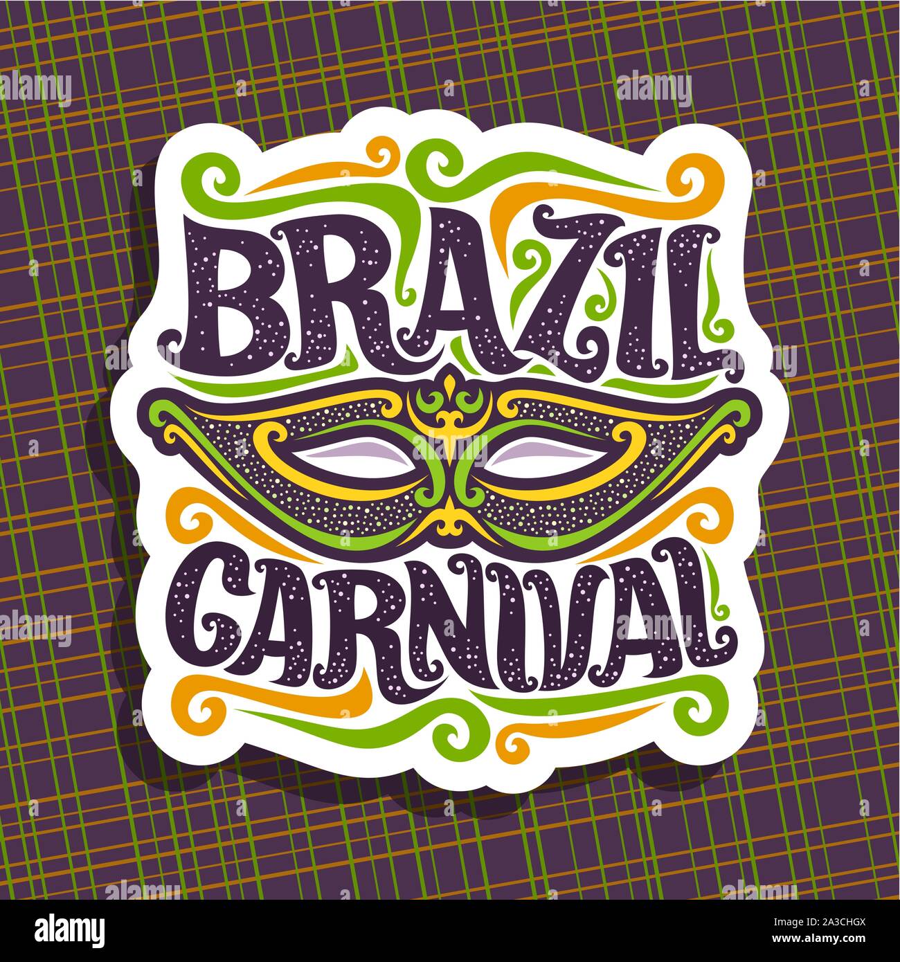 Logo vector pour le Brésil, avec l'affiche de carnaval masque national brésilien, banderoles colorées, police d'origine pour les fêtes de carnaval Brésil texte foncé sur abstra Illustration de Vecteur