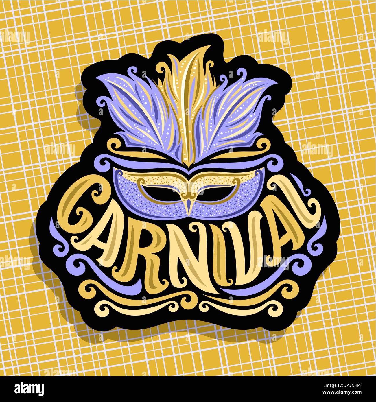 Logo vector pour le carnaval, une affiche avec une coiffure de plumes bleu brésilien et venetian masquerade mask, police d'origine pour golden mot titre carnival, sig Illustration de Vecteur