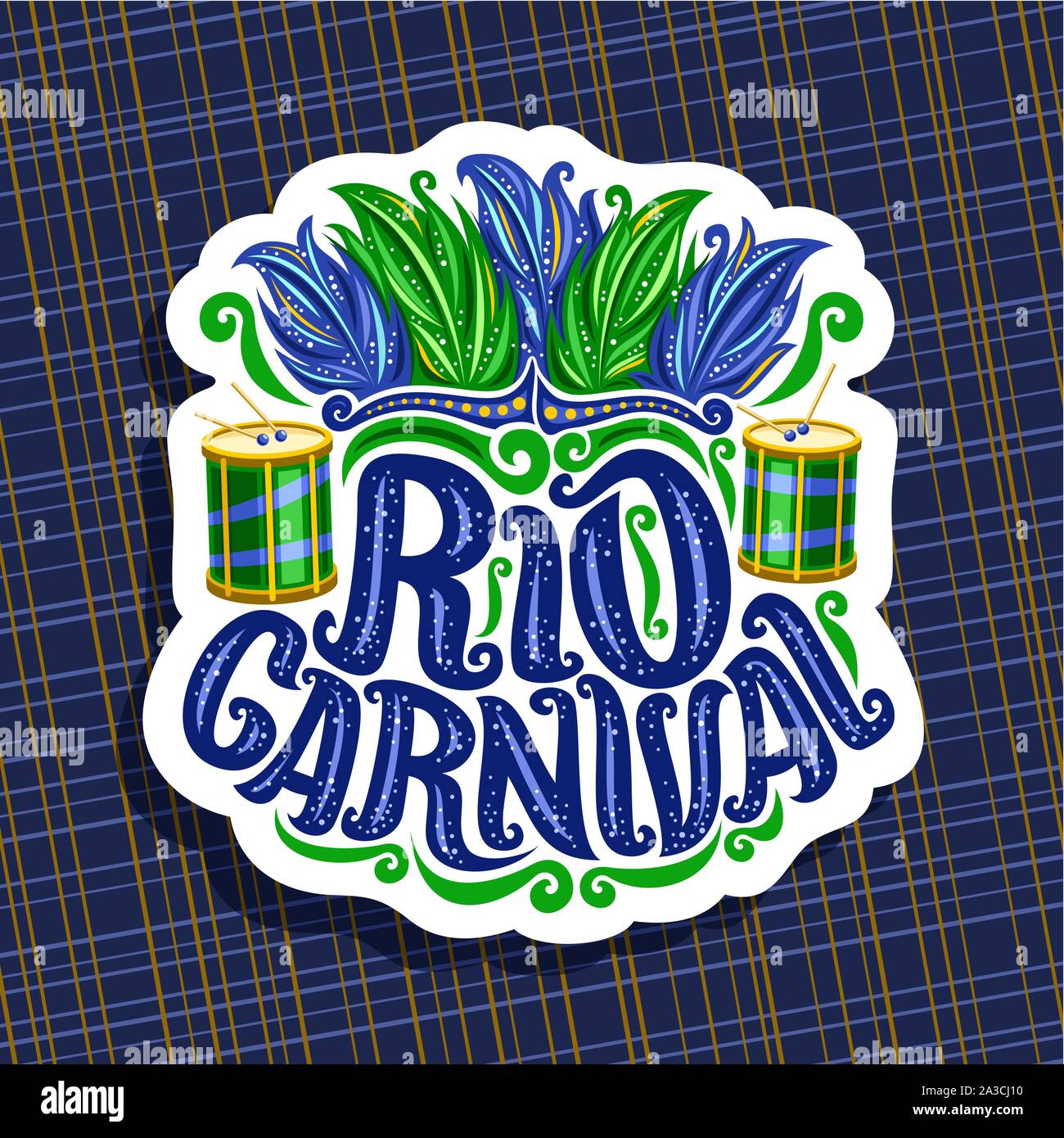 Logo Vector pour carnaval de Rio, avec des plumes affiche brésilien coiffure, le tambour avec des bâtons pour samba parade, pour le texte d'origine de la police carnaval de Rio, couper le pap Illustration de Vecteur