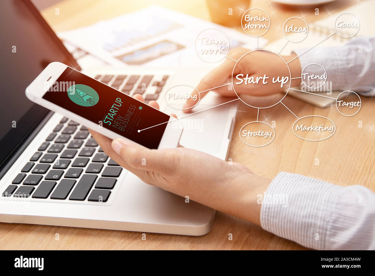 Les gens à l'aide de smart phone avec le logo de démarrage d'entreprise et de la fusée à l'écran et le plan d'affaires, en utilisant une carte de gestion des idées et de la stratégie de démarrage entreprise Banque D'Images
