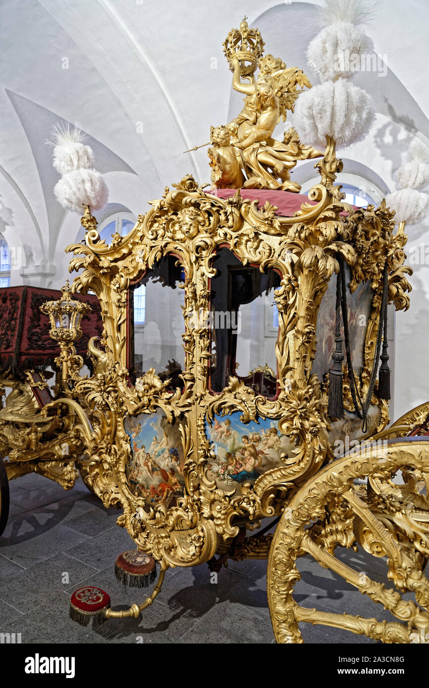 Munich, Allemagne. 6 Août, 2019. Robe petit coach du Roi Ludwig II à Nymphenburg Palace dans l'ancien royal d'équitation dans le Transport Museum Banque D'Images