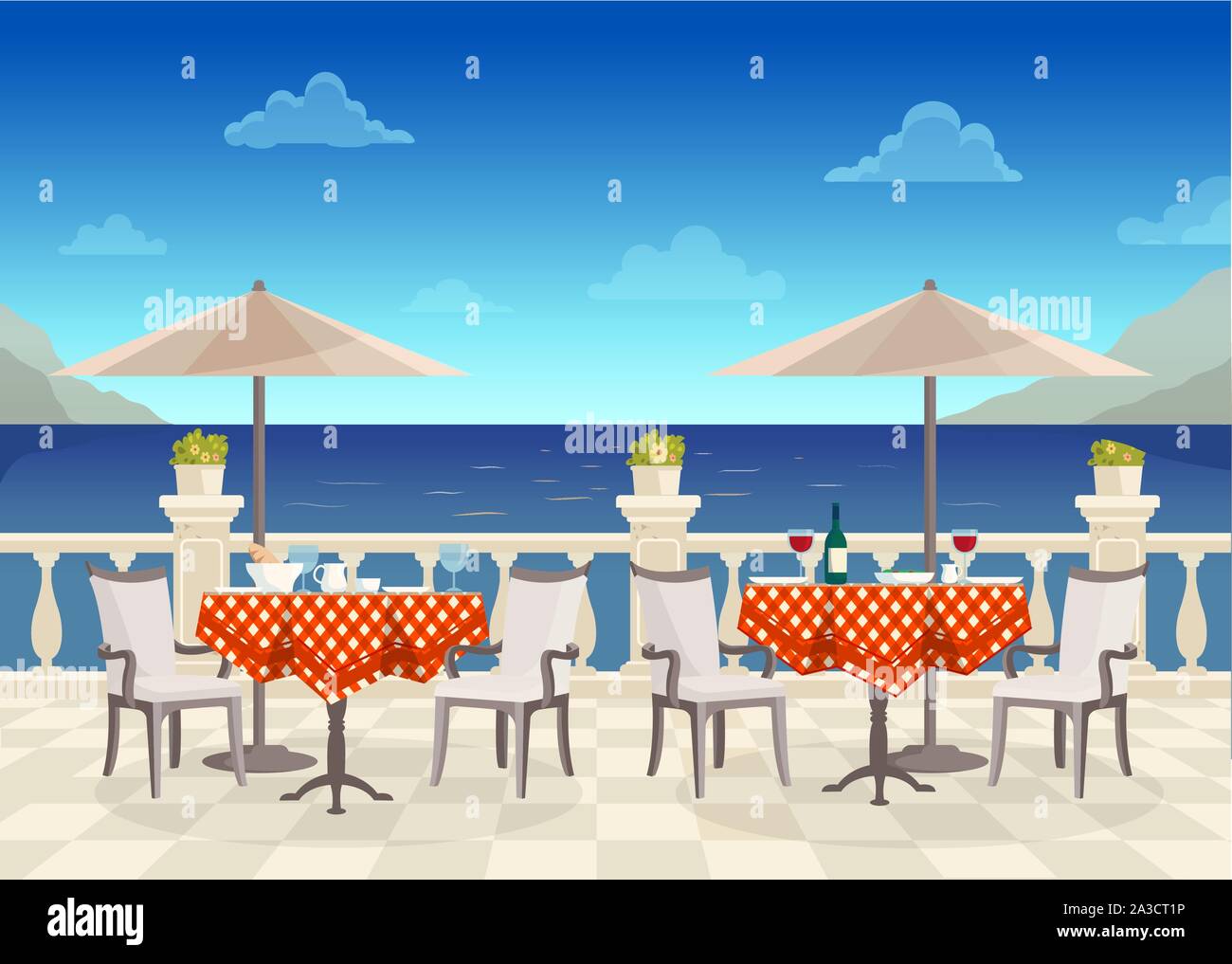 Café avec tables et parasols avec vue sur la mer sur la rue Illustration de Vecteur