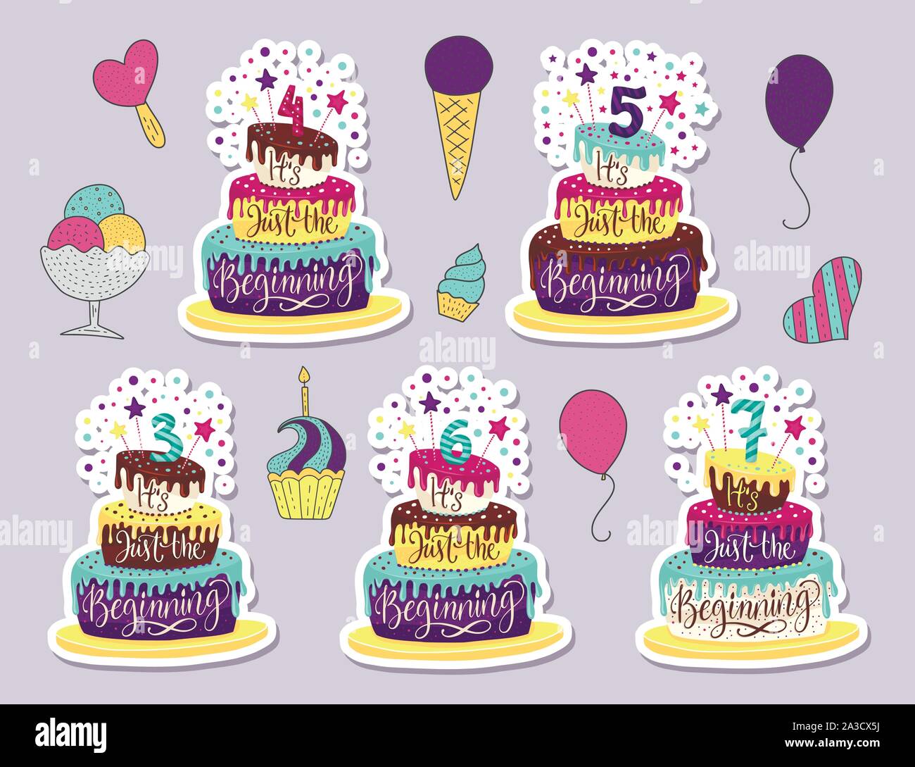 Anniversaire Anniversaire Enfants Jeu D Illustration Vectorielle Avec Gateau Et Cartoon Couleur Lettrage Dessine A La Main Devis C Est Que Le Debut Kids Design Parfait Pour Imprimer Des T Shirts 3eme 4eme 5eme