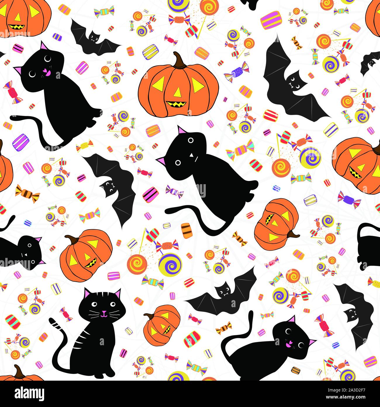Les chats Halloween dessiné à la main, de chauve-souris, citrouilles, bonbons, friandises. Modèle vectoriel continu animé sur fond blanc rose subtil. Super pour papier cadeau Illustration de Vecteur