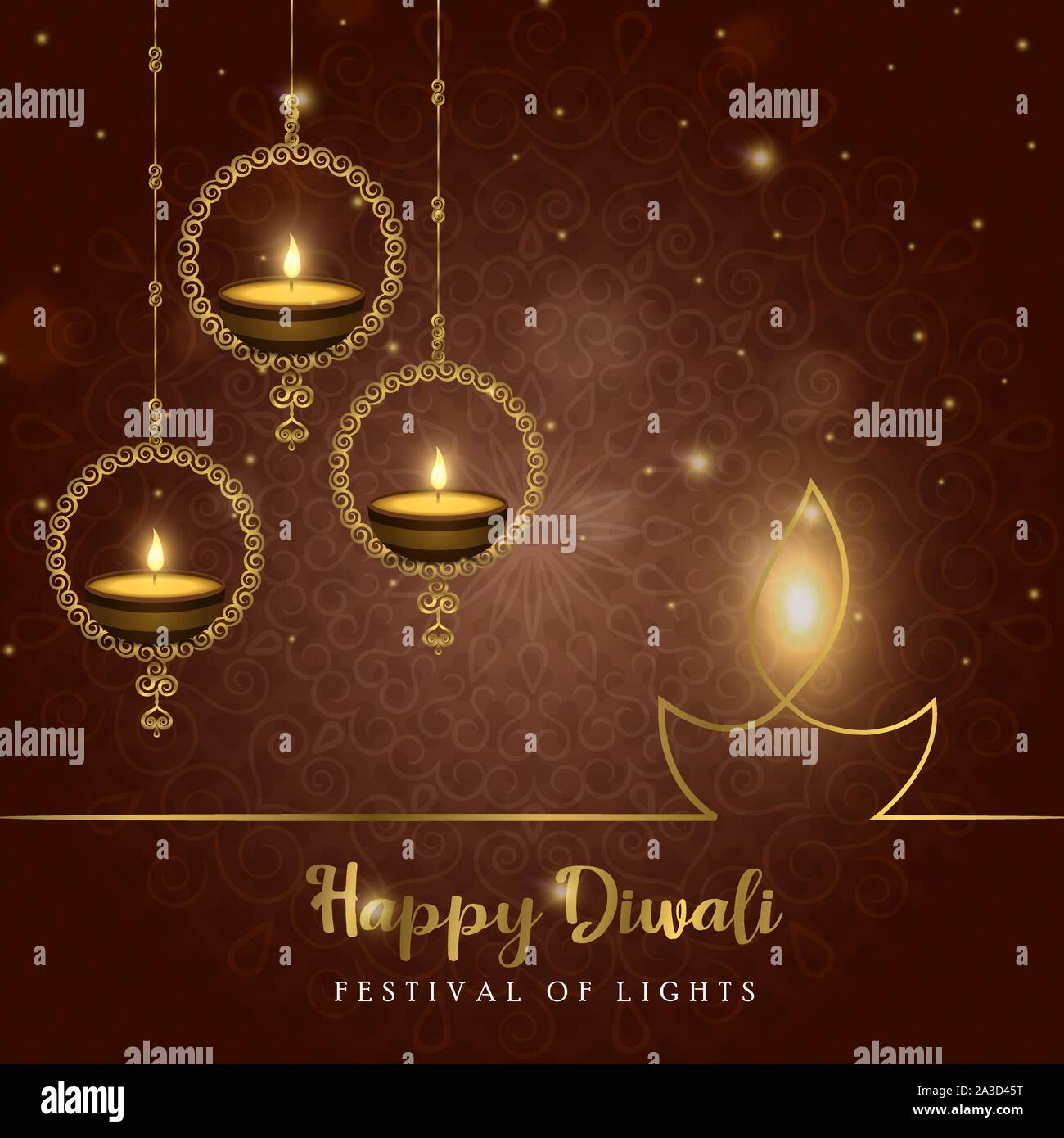 Happy Diwali carte de souhaits d'or diya bougie et élégant hôtel golden lights festival indien traditionnel de fête. Illustration de Vecteur