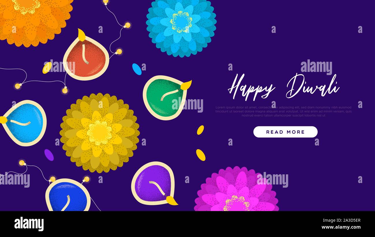 Happy Diwali landing page web template. Célébration hindoue traditionnelle des fleurs et des bougies cartoon for Indian événement jour férié. Illustration de Vecteur