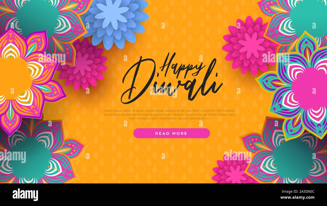 Happy Diwali landing page web de belles fleurs indiennes traditionnelles dans la région de papercut style. Célébration fête hindoue modèle pour site internet de fête Illustration de Vecteur