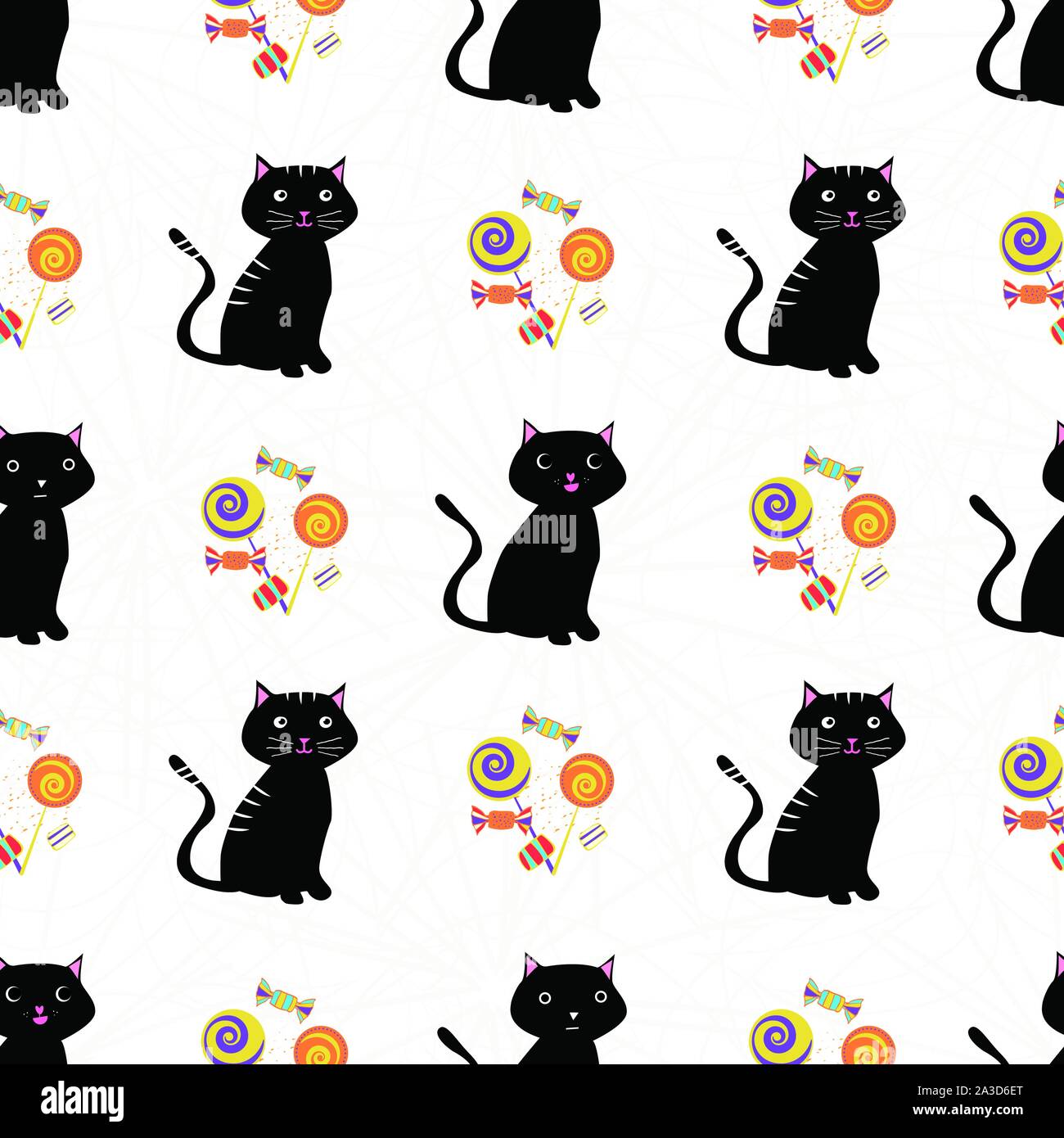 Cute black cats et des bonbons multicolores. Vecteur géométrique transparente sur fond blanc rose subtil. Super pour les enfants et à l'Halloween Illustration de Vecteur