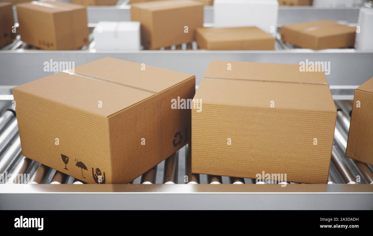 Illustration 3D livraison colis, l'emballage et de transport du service colis concept, boîtes de carton sur une courroie de convoyeur dans un entrepôt Banque D'Images