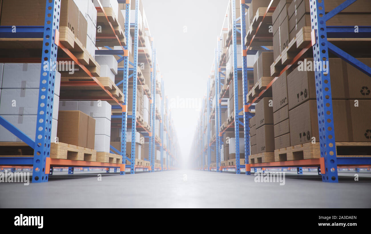 Entrepôt avec des boîtes en carton à l'intérieur sur des palettes racks, centre de logistique. Grand, grand entrepôt moderne. Entrepôt rempli de boîtes de carton sur Banque D'Images