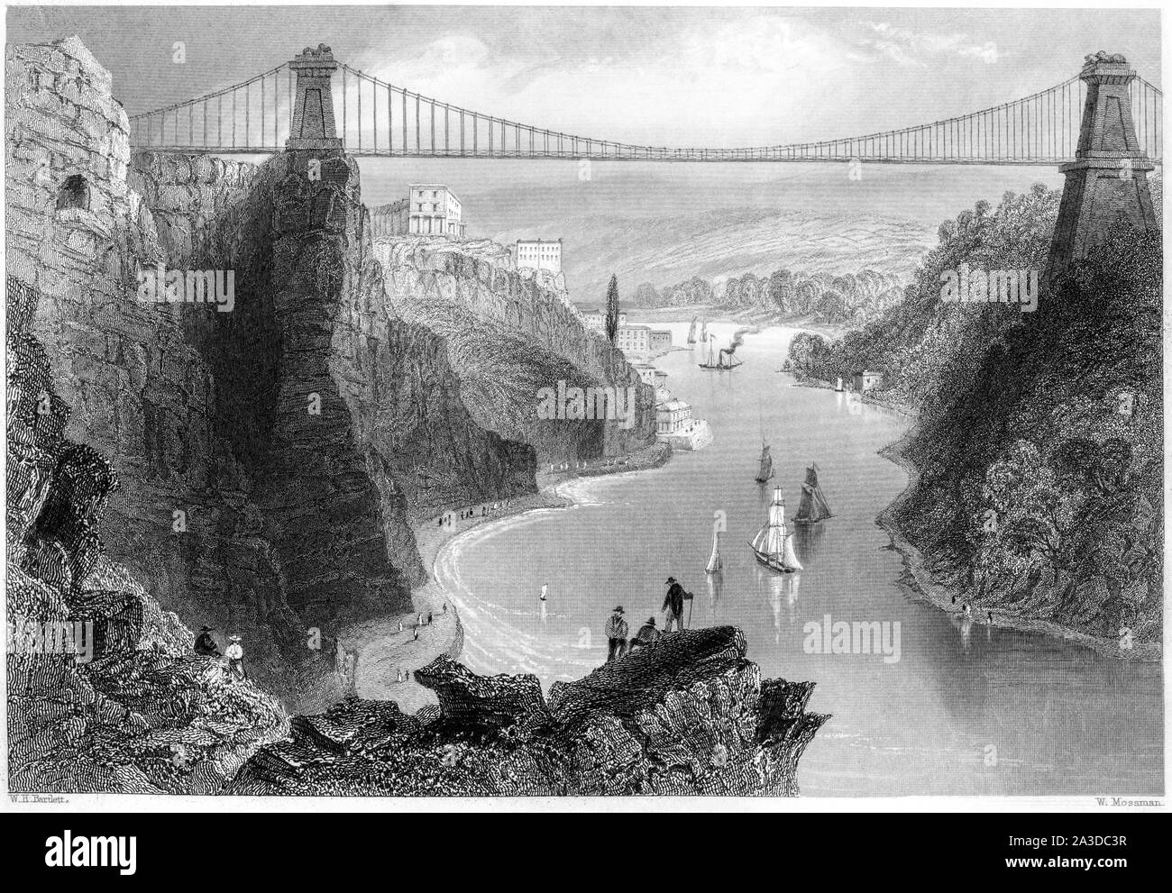 Une gravure du pont suspendu de Clifton près de Bristol numérisées à haute résolution à partir d'un livre imprimé en 1842. Croyait libres de droit. Banque D'Images