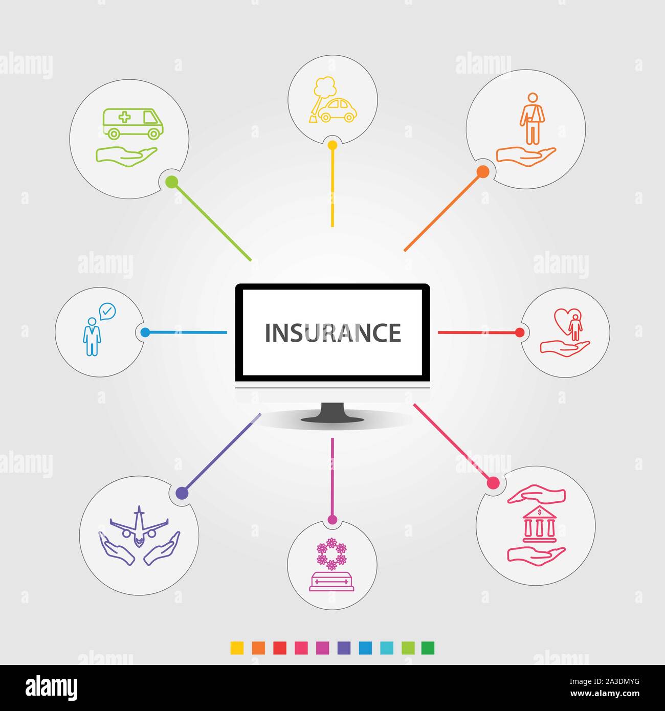 Vecteur conception infographiques d'assurance. Concept de montage : l'assurance médicale, assurance accident, assurance voyage d'icônes. Peut être utilisé pour rapport Illustration de Vecteur