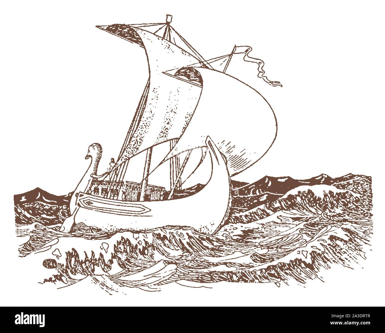 Navire marchand romain antique de la voile sur les vagues de la mer méditerranée. Après une illustration lithographie historique du début du xxe siècle Illustration de Vecteur