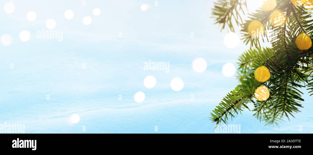 Noël arrière-plan. Arbre de Noël avec guirlande de lumières, décoration de fête de vacances enneigées. backdround Écran large bannière toile du châssis. Nouvelle année W Banque D'Images