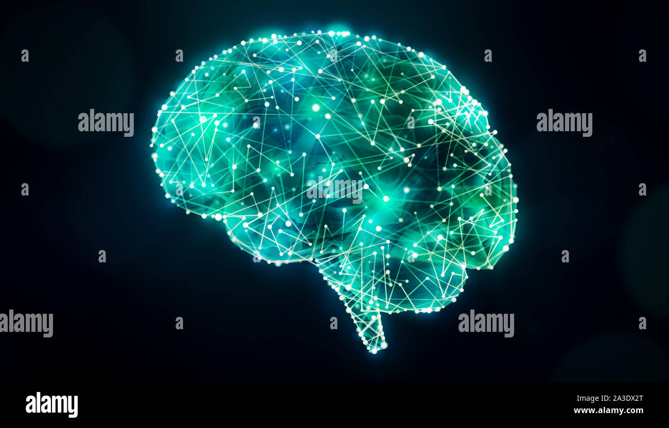 Cerveau humain avec des plexus rougeoyant lines network. La science, les neurosciences, la psychologie et la cognition concept illustration. Banque D'Images