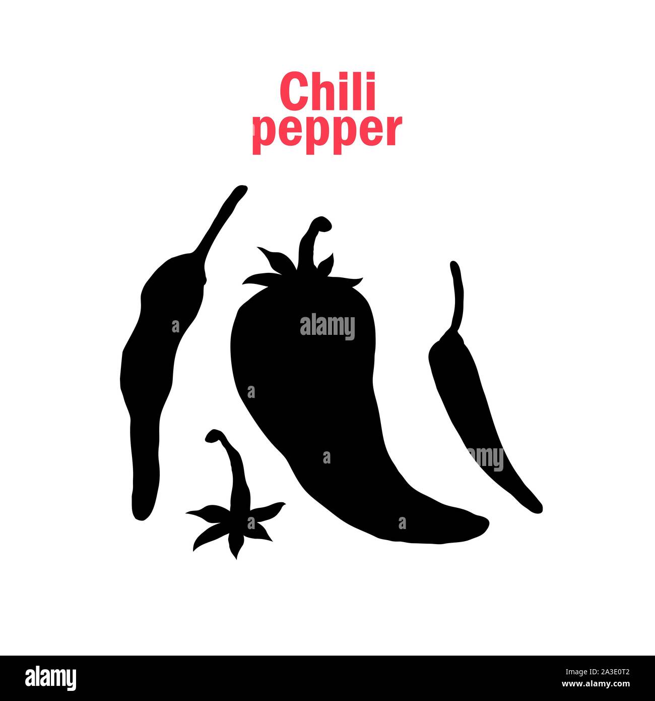 Hot chili pepper illustration silhouette. Cuisine mexicaine traditionnelle modèle de page. Ingrédients culinaires épicées symboles vectoriels noir ensemble. D'épices naturelles, des légumes bio avec typographie Illustration de Vecteur