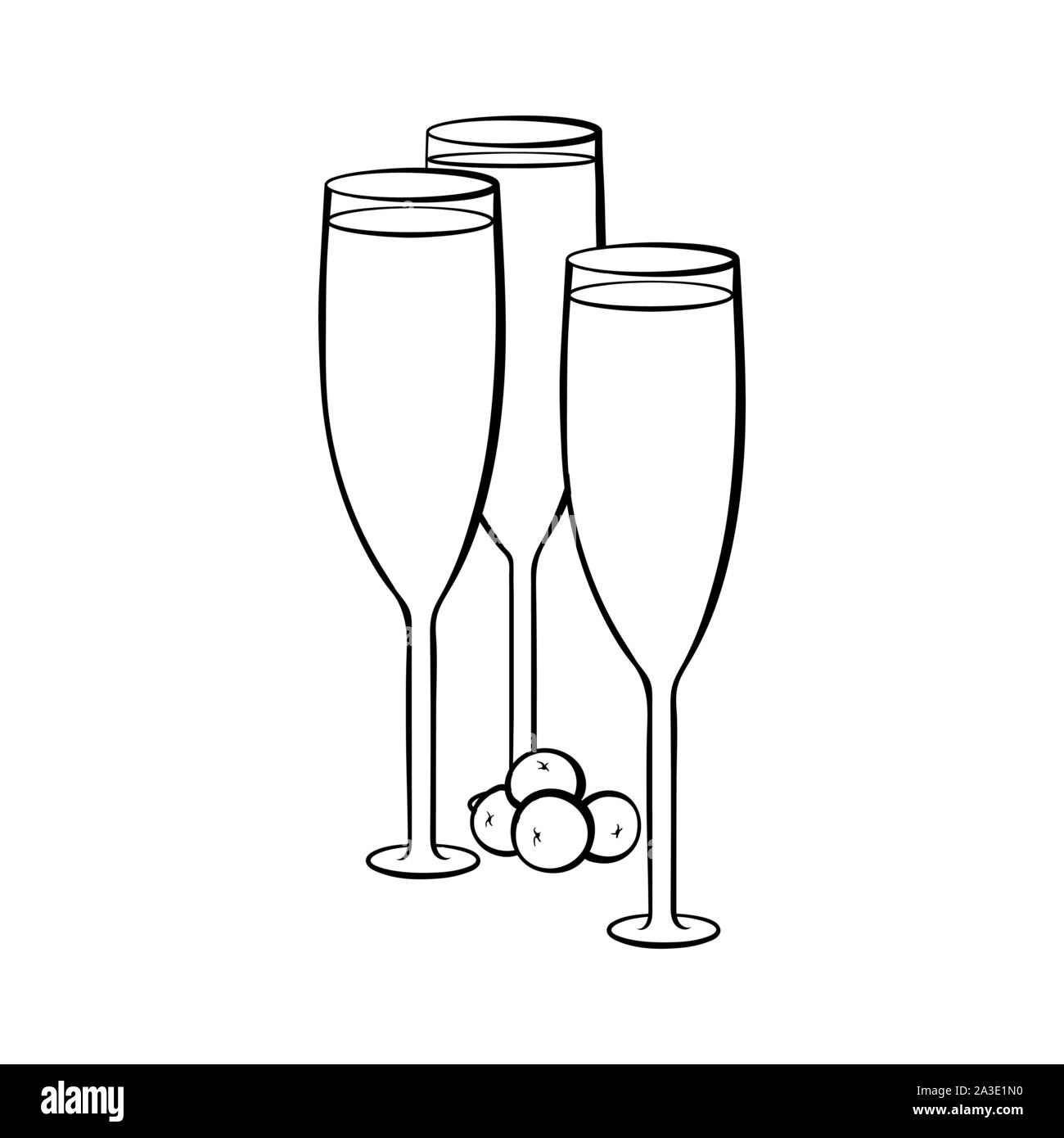 Verres de champagne plein illustration dessiné à la main. Crystal wineglasses avec de l'alcool et boissons coloriage olives photo. Verre avec apéritif, apéritif. Occasion spéciale symbole contour célébration Illustration de Vecteur