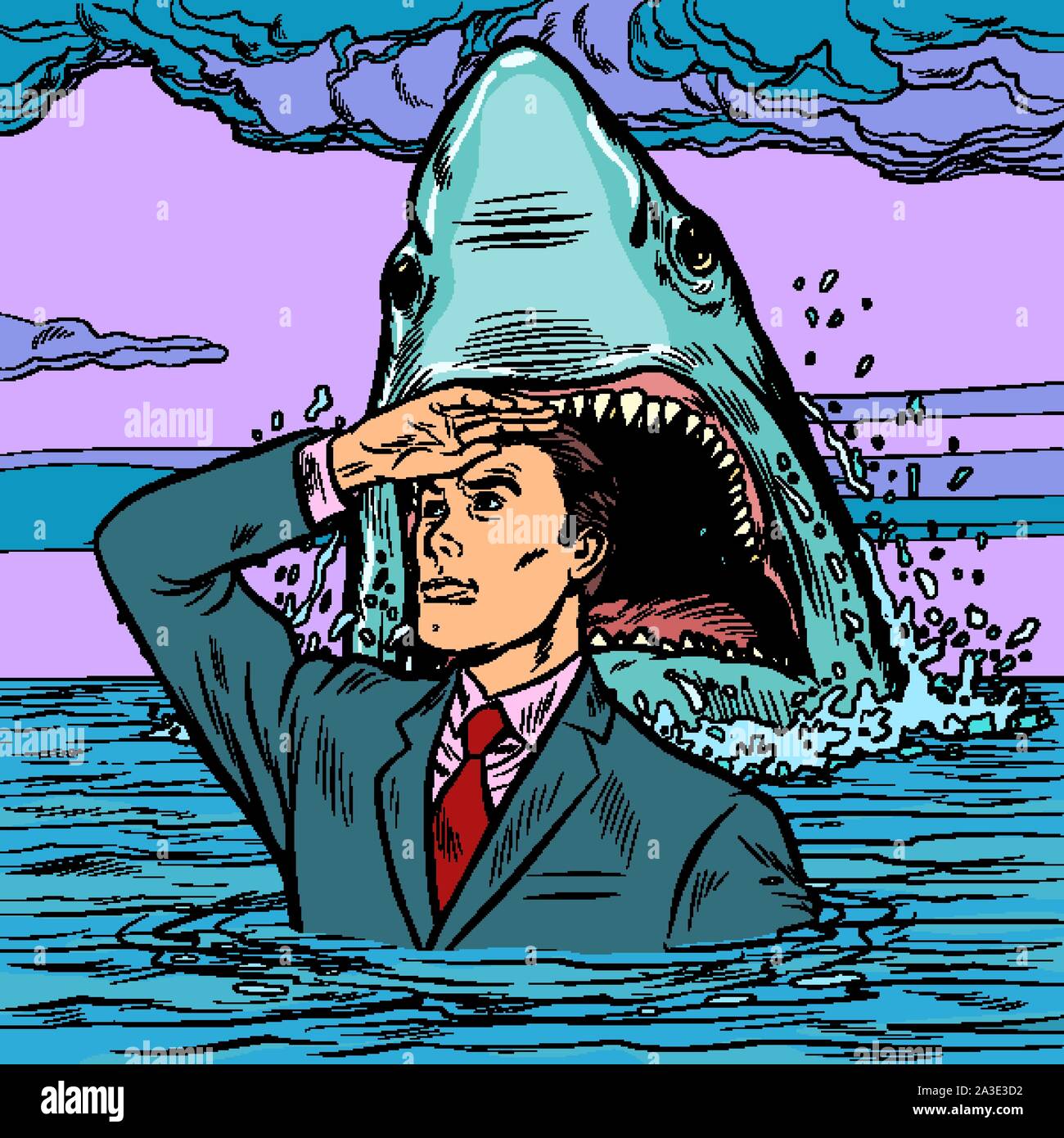 Un homme d'affaires n'a pas peur d'une attaque de requin. Le calme et la confiance. Retro pop art dessin illustration vectorielle Illustration de Vecteur