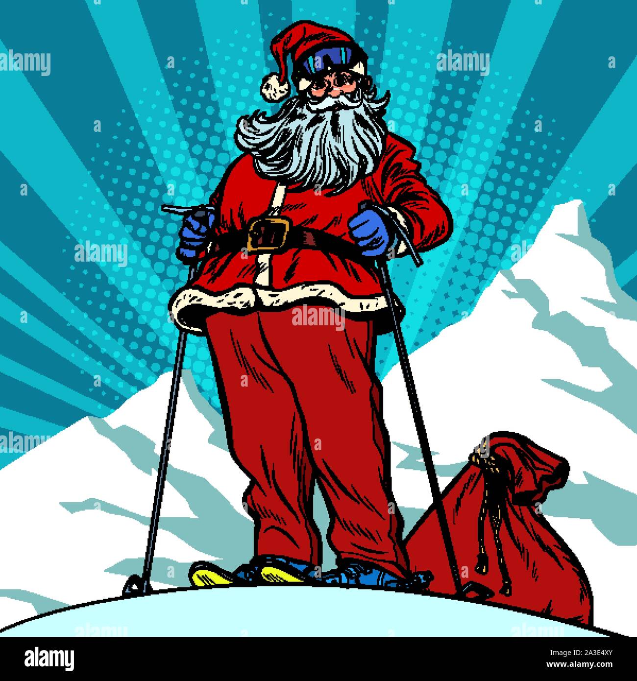 Skieur dans les montagnes de caractère du Père Noël Joyeux Noël et bonne année. Pop art retro vintage illustration vectorielle dessin kitsch 50s 60s Illustration de Vecteur
