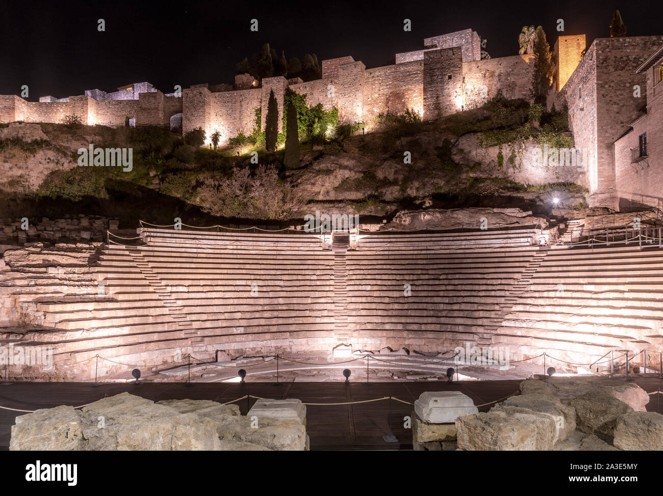 Vue de l'Amphithéâtre Romain à Malaga, Espagne Banque D'Images