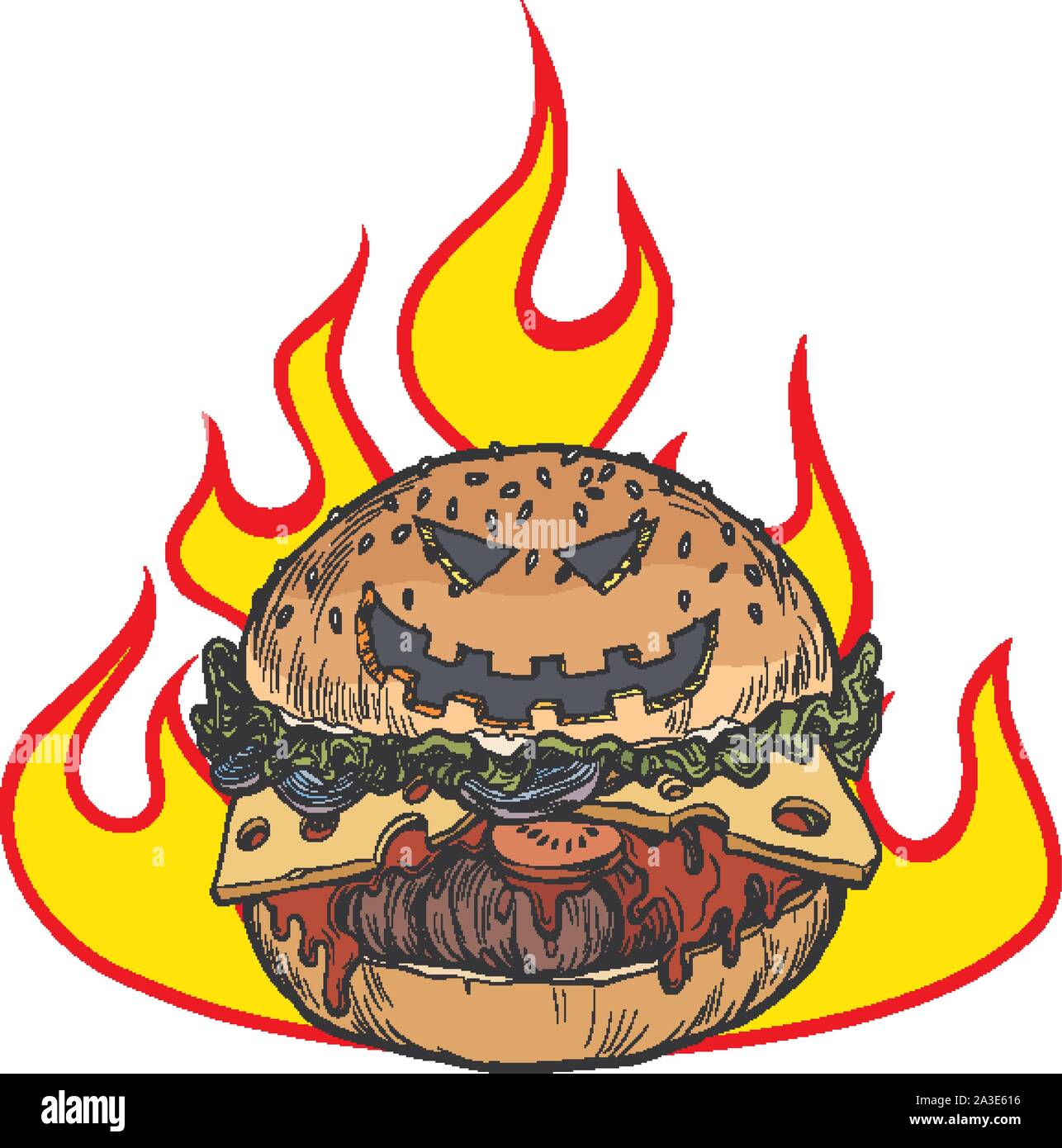 Burger d'Halloween dans les flammes de l'enfer. La nourriture chaude. Pop art retro vector illustration dessin vintage kitsch Illustration de Vecteur