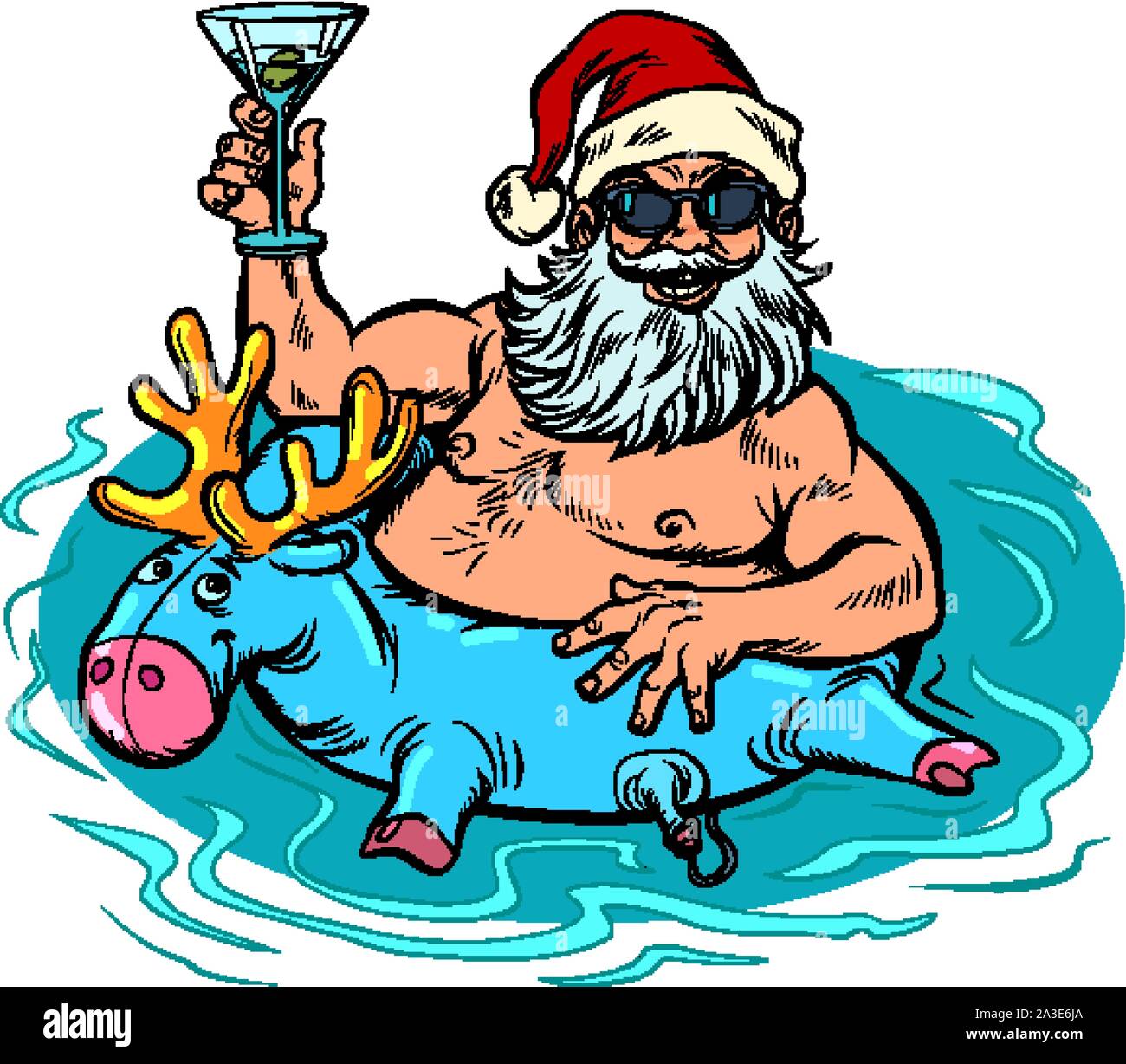 La célébration du nouvel an. Les Argiles à l'hôtel Santa dans la piscine avec un chevreuil gonflable et un cocktail. joyeux noël et bonne année. Vector retro pop art Illustration de Vecteur