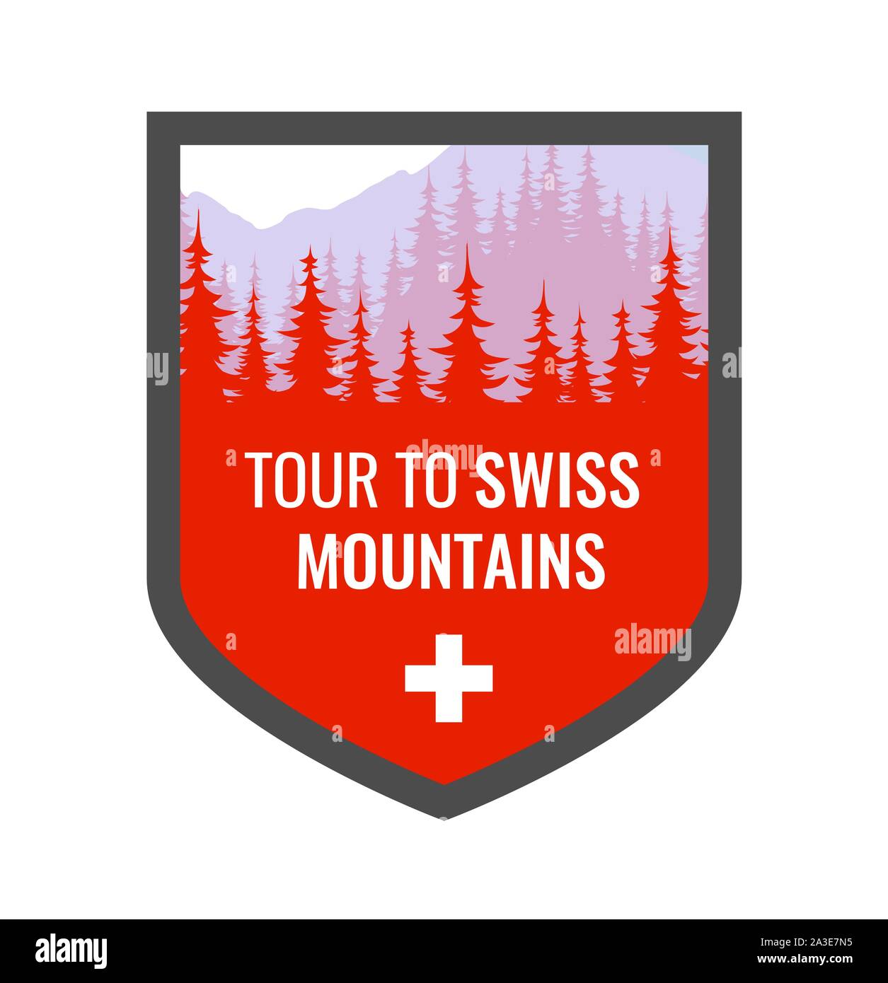 Tour à alpes suisses - armoiries, blason vecteur illustration en couleur rouge avec des montagnes alpines et de forêts. Emblème avec drapeau national de la Suisse Illustration de Vecteur