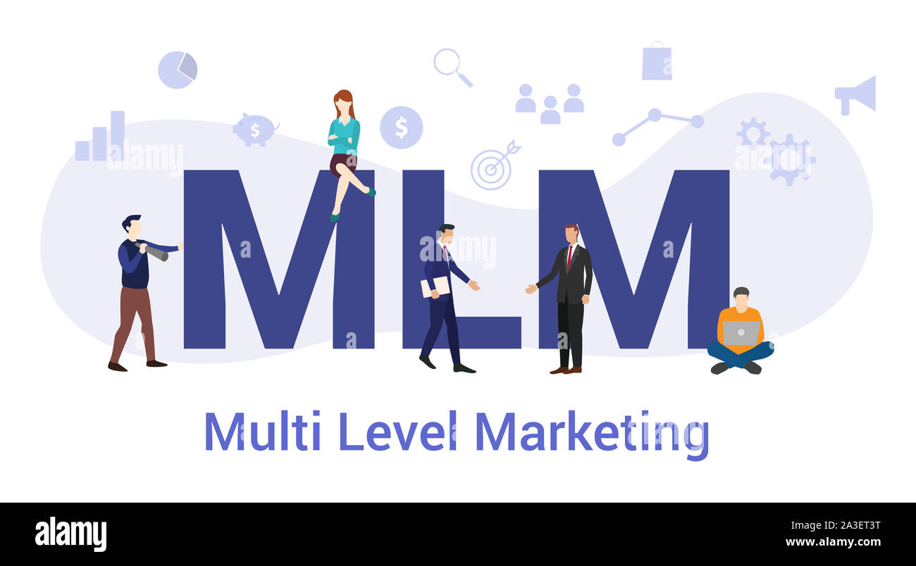 Mlm multi level marketing concept avec grand mot ou texte et de l'équipe de personnes avec une télévision moderne style - vector illustration Banque D'Images