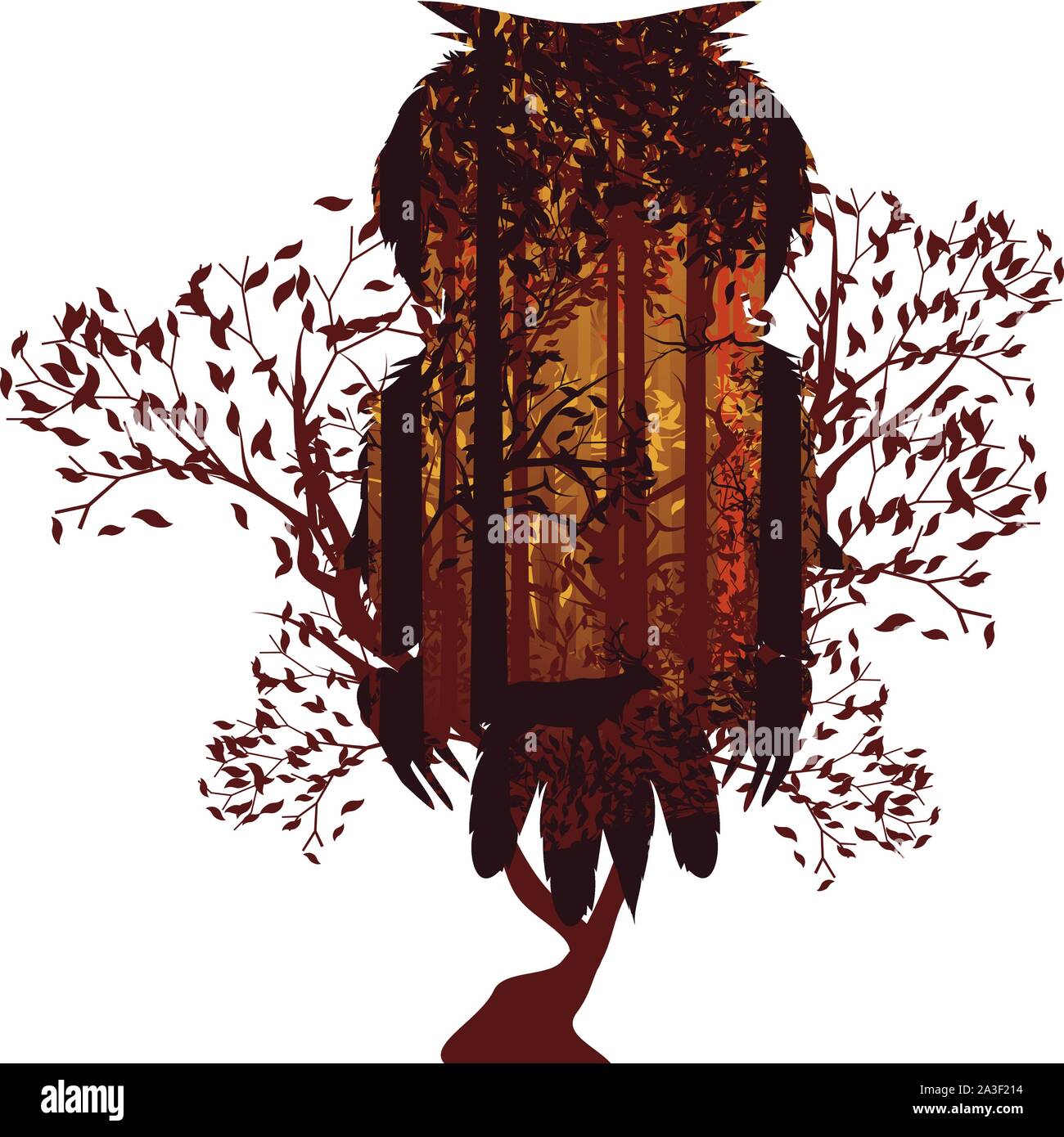 Les feuillus Forêt d'automne paysage avec des silhouettes d'arbres et des terriers. Illustration de Vecteur