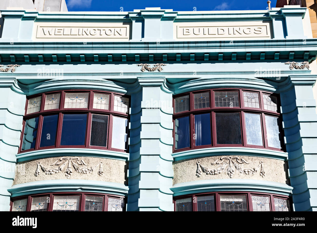 Hobart Australie / façade bâtiment ornés d'Hobart en Tasmanie.beaux détails ornés de baies vitrées sur la façade de l'Édifice Wellington,Bâtiments lo Banque D'Images