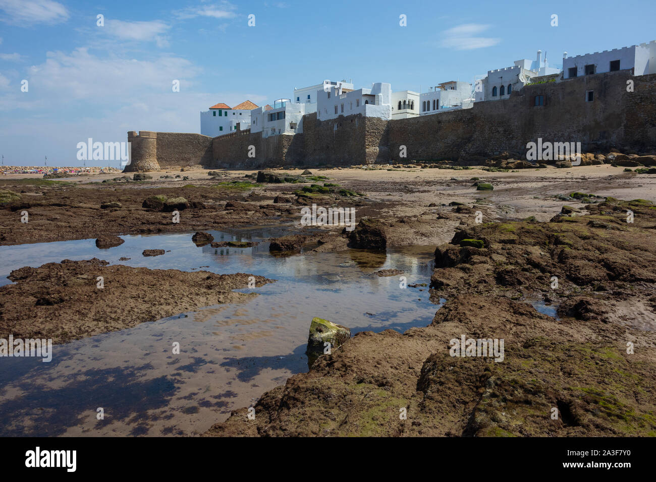 À marée basse, l'océan Atlantique en face de l'Ocen rempart historique pour protéger Assilah, Maroc Banque D'Images