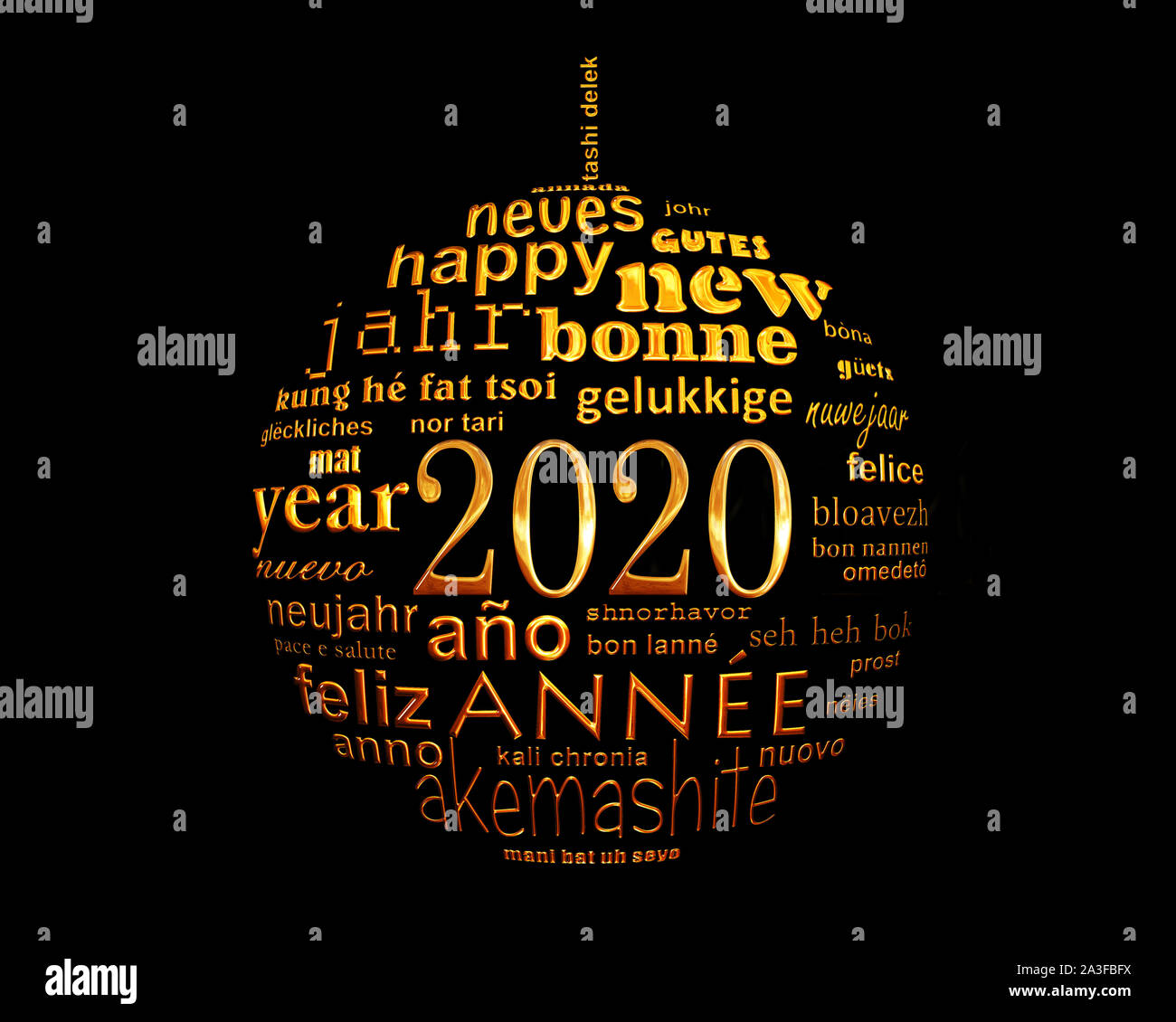 2020 Nouvelle année noir et or nuage de mots de texte multilingue carte de souhaits en forme de boule de noël Banque D'Images
