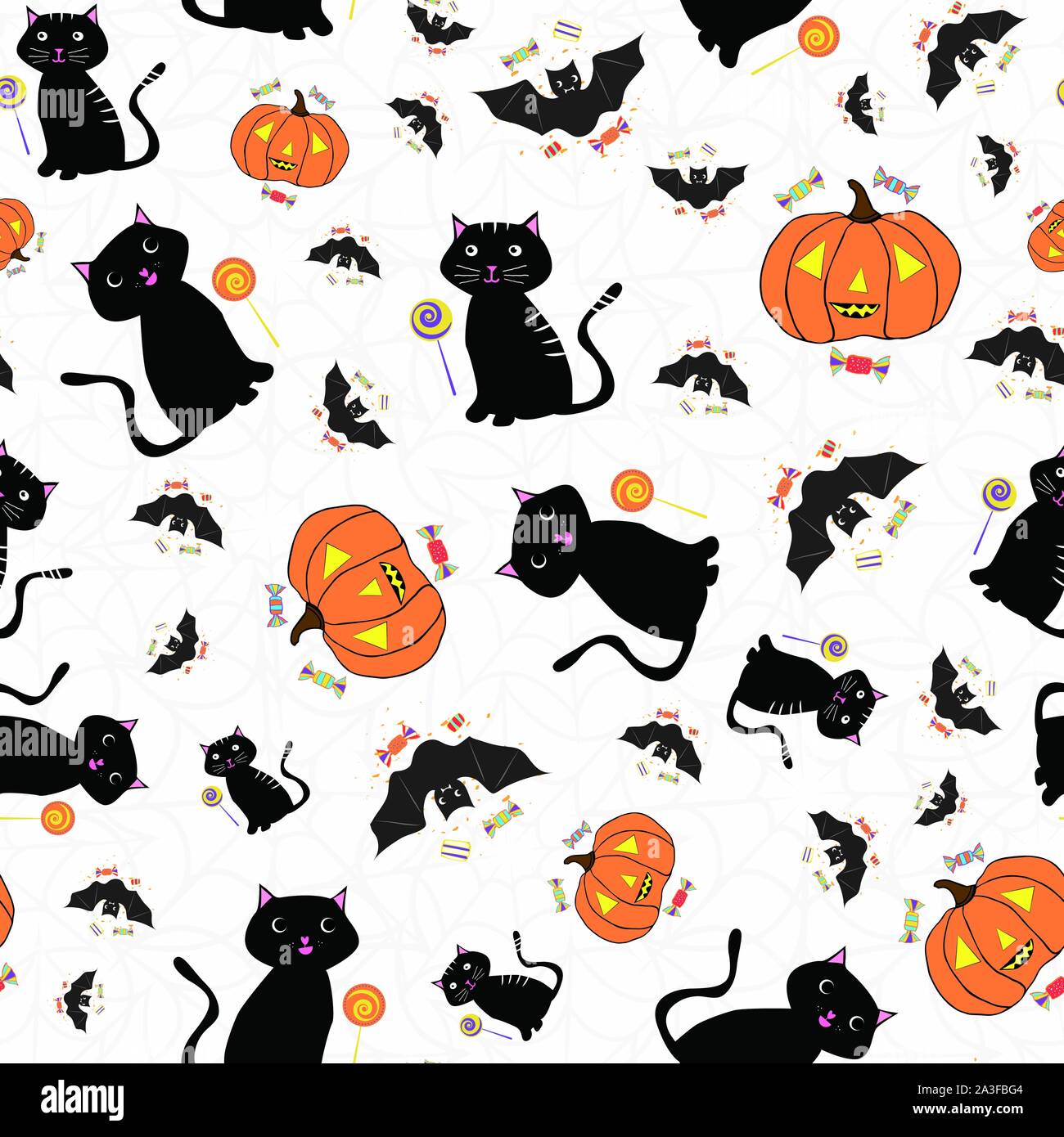 Hand drawn design Halloween avec les chats, les chauves-souris, les citrouilles et les bonbons friandises. Fun modèle vectoriel continu sur fond blanc gris rose subtil. Grand Illustration de Vecteur