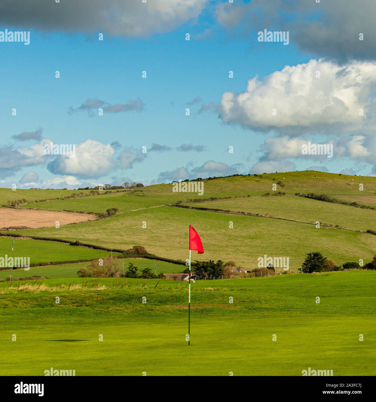 Un drapeau rouge vif sur un trou de golf Banque D'Images