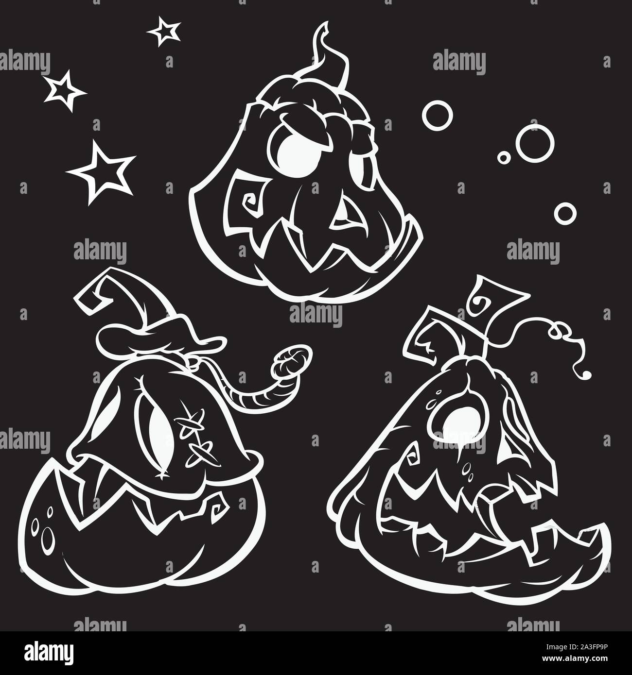 Vector set de Scary Halloween pumpkins tête avec différentes expressions. Le noir et blanc donne un aperçu Illustration de Vecteur