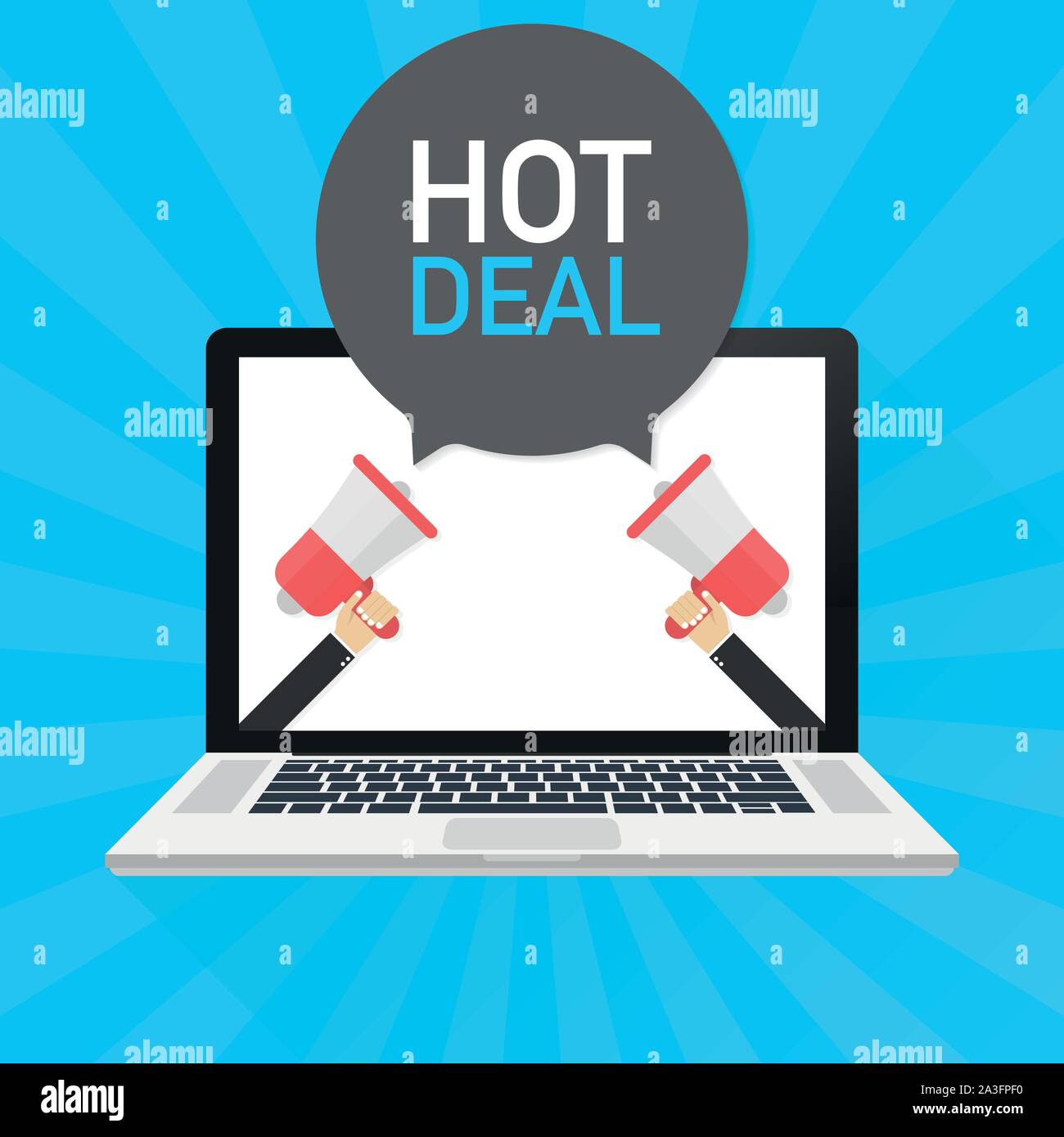 Ordinateur portable ordinateur portable écran de l'ordinateur. Hand holding megaphone. Hot Deal dans le texte bulle. Stock Vector illustration. Illustration de Vecteur
